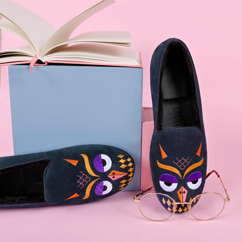 Night Furry Owl Loafers - Best Home Shoes - Suede Loafers| Hums